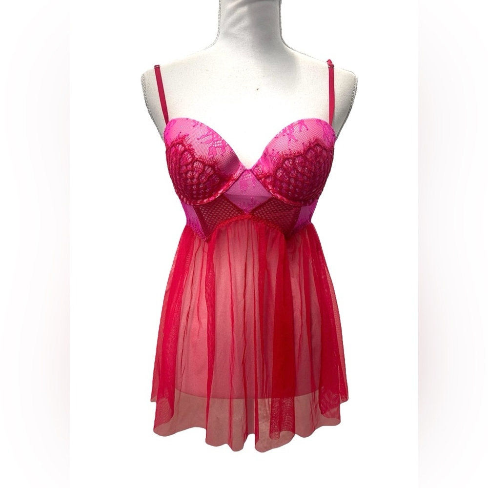 Victoria’s‎ Secret VS Hot Pink Red Sheer Lace Push Up Babydoll Sexy Lingerie 34C